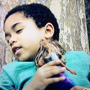 Blue with Grace lying on bench listening to father 2